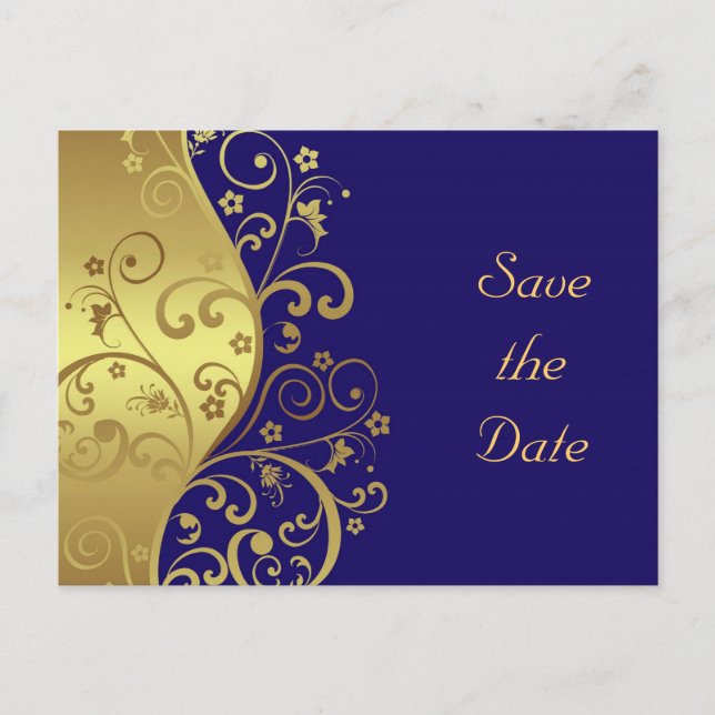 Save the Date--Gold Swirls & Dark Blue Announcement Postcard (Front)