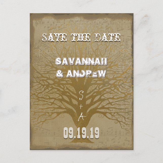 Save the Date Gold  Swirly Tree Announcement Postcard (Front)