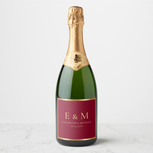 Save the Date Gold Text Monogram Elegant Burgundy Sparkling Wine Label (Front)