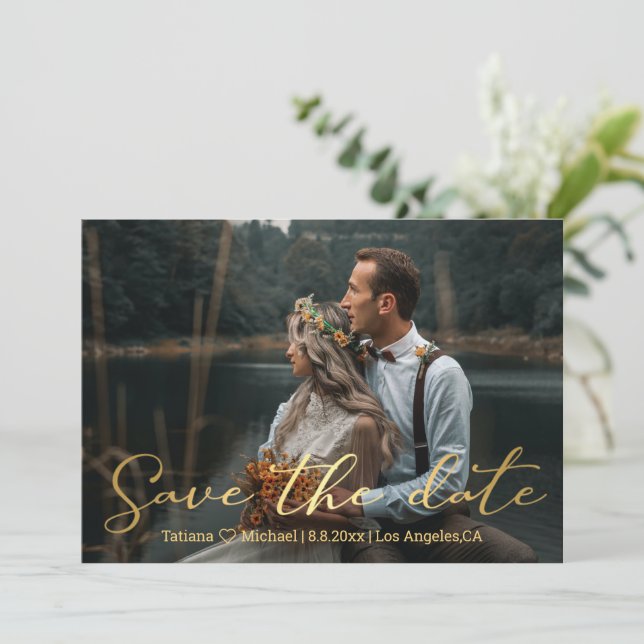 save the date gold trendy scrip wedding photo card (Standing Front)