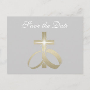 Save the Date Gold Wedding Rings and Cross Announcement Postcard