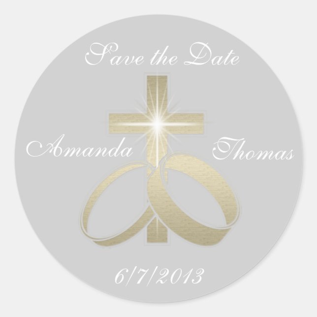 Save the Date Gold Wedding Rings and Cross Classic Round Sticker (Front)