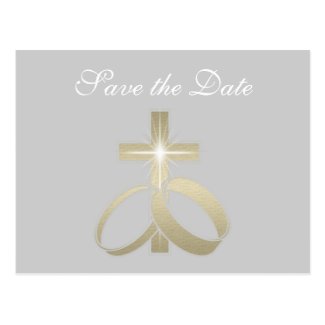 Save the Date Gold Wedding Rings and Cross Postcard