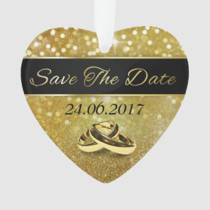 Save the Date Gold Wedding Rings - Heart Ornament