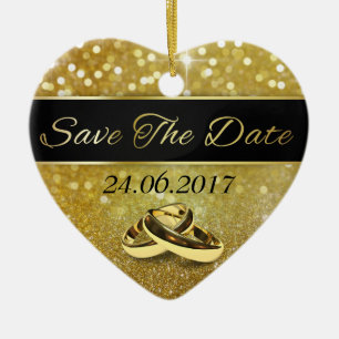 Save the Date Gold Wedding Rings - Heart Ornament