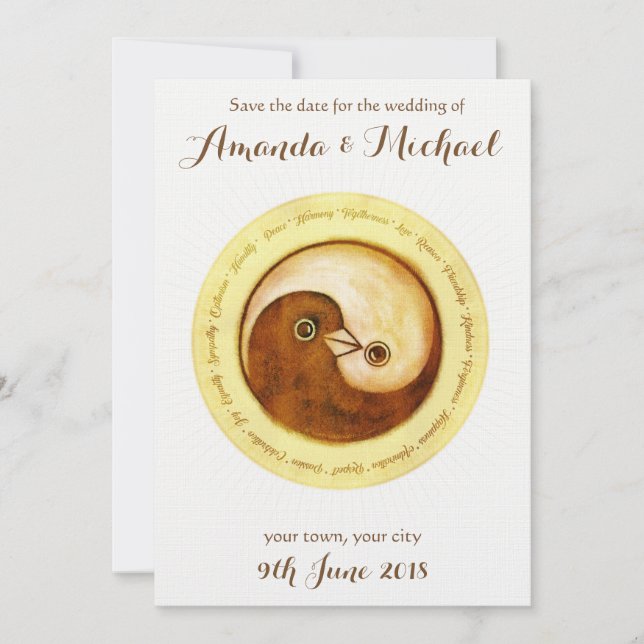 SAVE THE DATE Gold YinYang doves wedding card (Front)