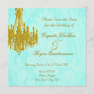 Save the Date Golden Chandelier and Aqua Damask