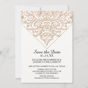 Save the Date Golden Damask Pattern Gold Lace