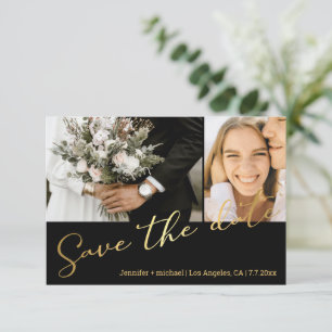 save the date golden handwriting wedding collage card