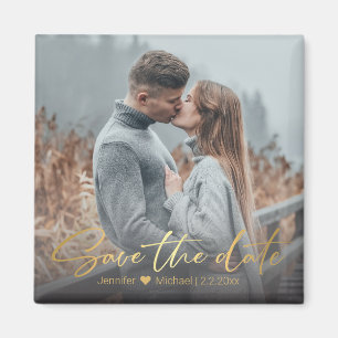 save the date, golden handwriting wedding photo magnet