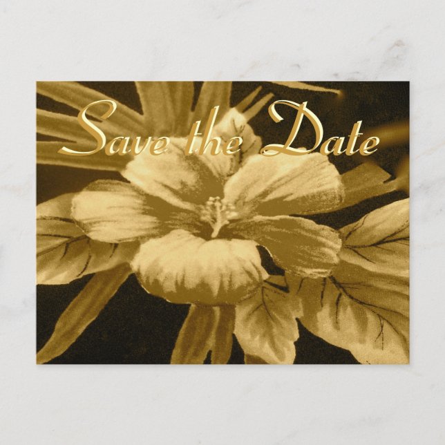 Save the Date Golden Hawaiian Print Announcement Postcard (Front)