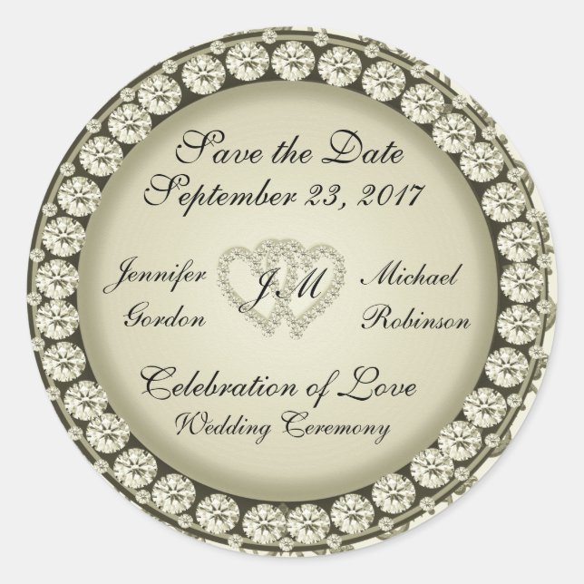 Save the Date Golden Hearts Classic Round Sticker (Front)