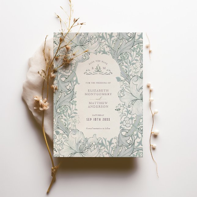 Save the Date Golden Lily Sky Blue William Morris Invitation (Creator Uploaded)