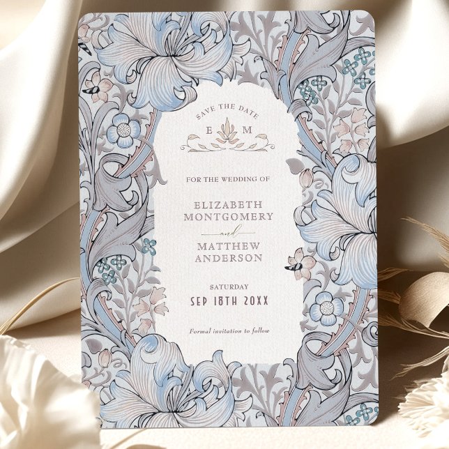 Save the Date Golden Lily Sky Blue William Morris Invitation (Creator Uploaded)