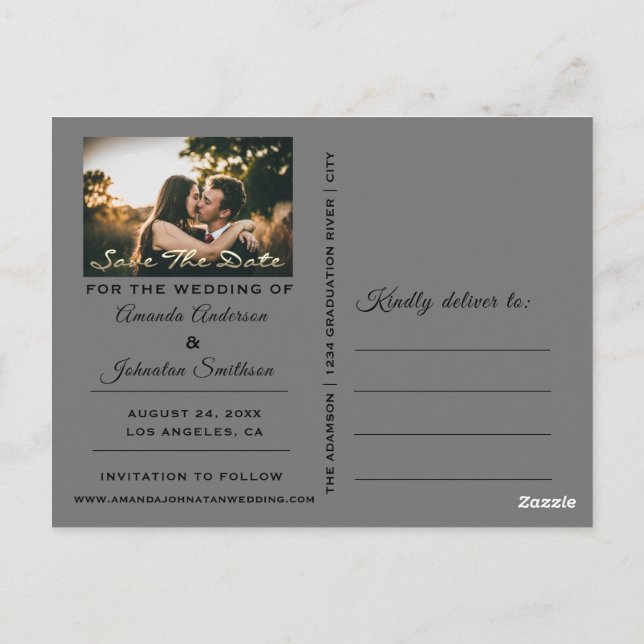 Save The Date Golden Script Photo Black White Grey Postcard (Back)