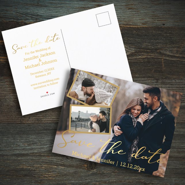 save the date golden wedding 3 photo collage  announcement postcard (Creator Uploaded)