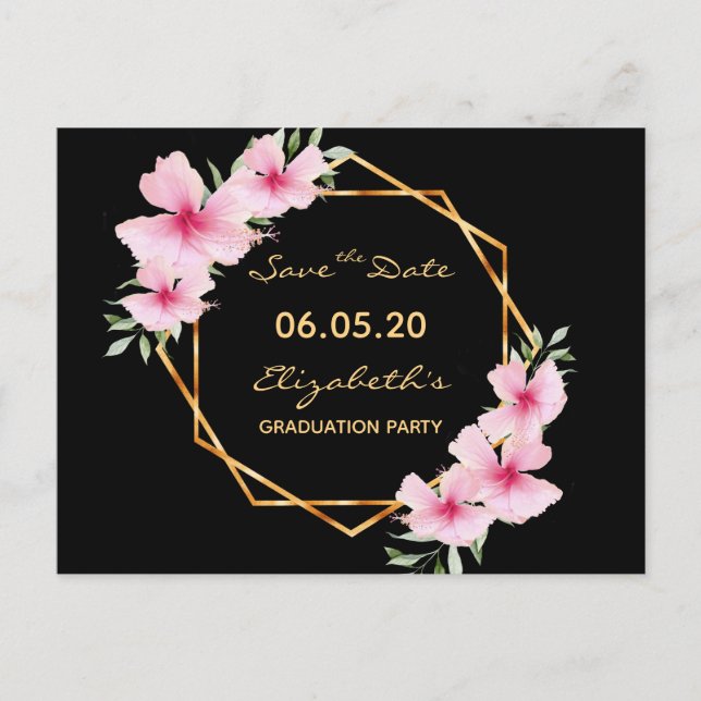 Save the Date graduation Black pink florals Postcard (Front)