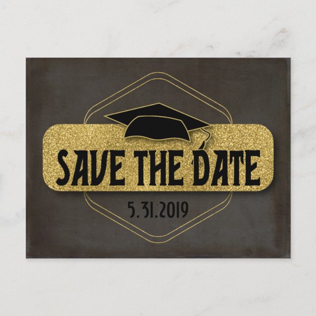 Save The Date Graduation Modern Black Grey Gold Postcard (Front)