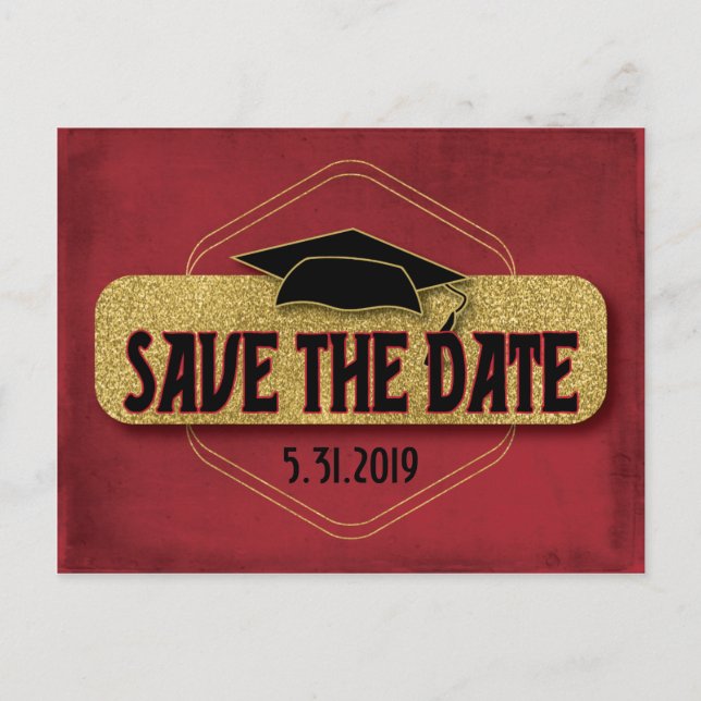 Save The Date Graduation Modern Red Gold Postcard (Front)