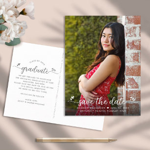 Save the Date Graduation Photo Modern Script Heart Invitation Postcard