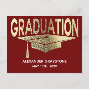 Save The Date Graduation Red & Faux Gold Modern Announcement Postcard