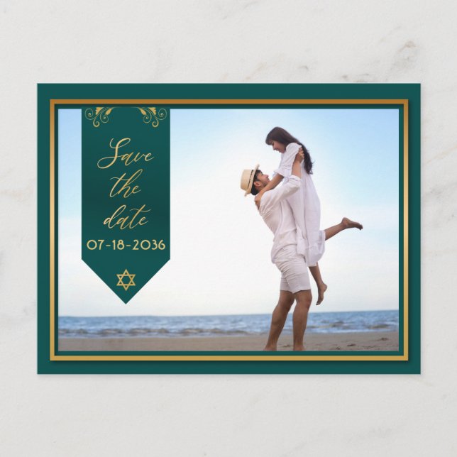 Save The Date Green and Gold Frame Postcard (Front)