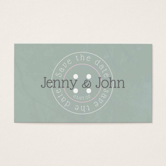 Save the date green and pink button sewing card (Front)