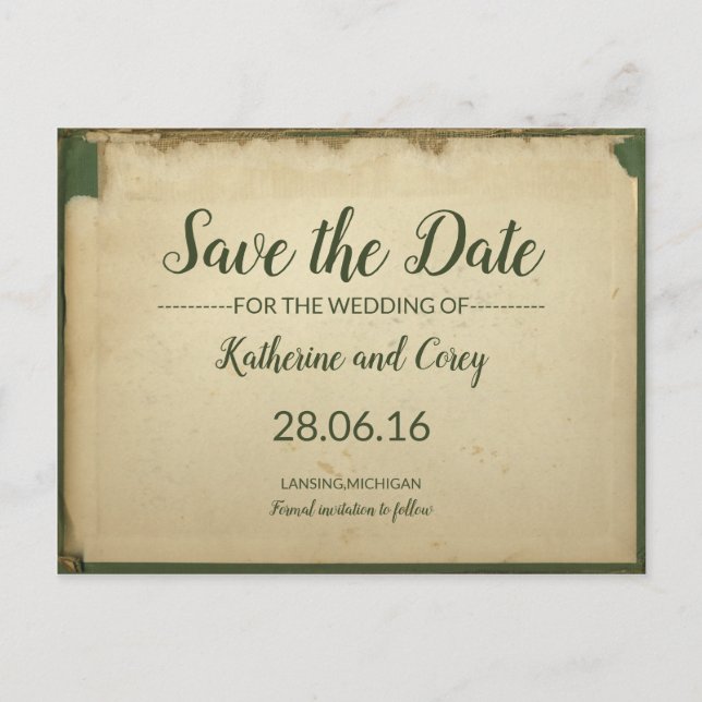 Save The Date Green & Beige Wedding Parchment Postcard (Front)