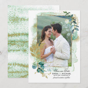 Save the Date. Green Botanical Photo Wedding Invitation