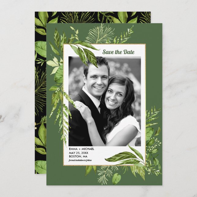Save the Date. Green Botanical Wedding Photo Invitation (Front/Back)