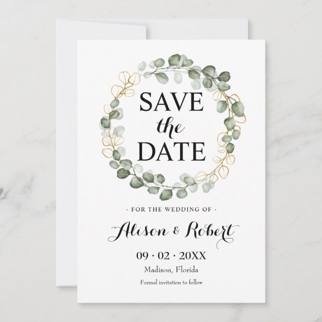 Save The Date - Green Eucalyptus Foliage Wreath In Invitation (Front)