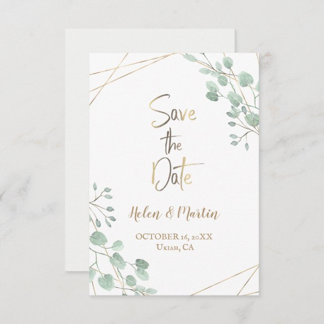 Save the date greenery watercolor gold frame invitation (Front/Back)