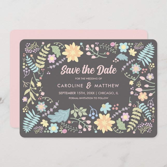 Save the Date. Grey Blush Pink Modern Floral Invitation (Front/Back)