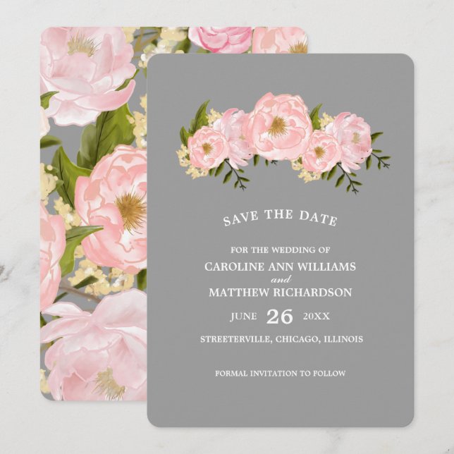 Save the Date. Grey Blush Pink Peonies Wedding Date (Front/Back)