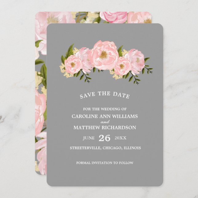 Save the Date. Grey Blush Pink Peonies Wedding Save The Date (Front/Back)