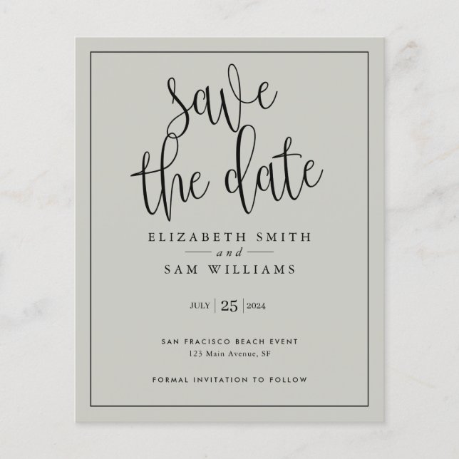 Save the Date Grey Elegant Simple Budget  Flyer (Front)