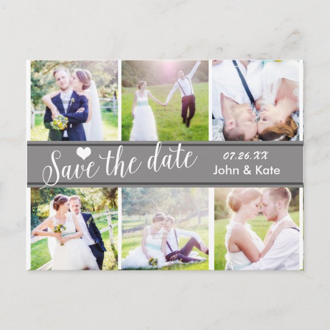 SAVE THE DATE Grey Wedding 6 PHOTO Postcard (Front)