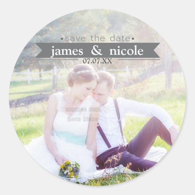 SAVE THE DATE Grey Wedding Photo Sticker (Front)