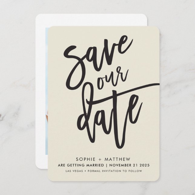 SAVE THE DATE handlettered script black ivory Invitation (Front/Back)