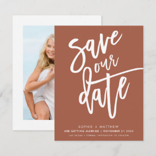 SAVE THE DATE handlettered script clay white ink Invitation