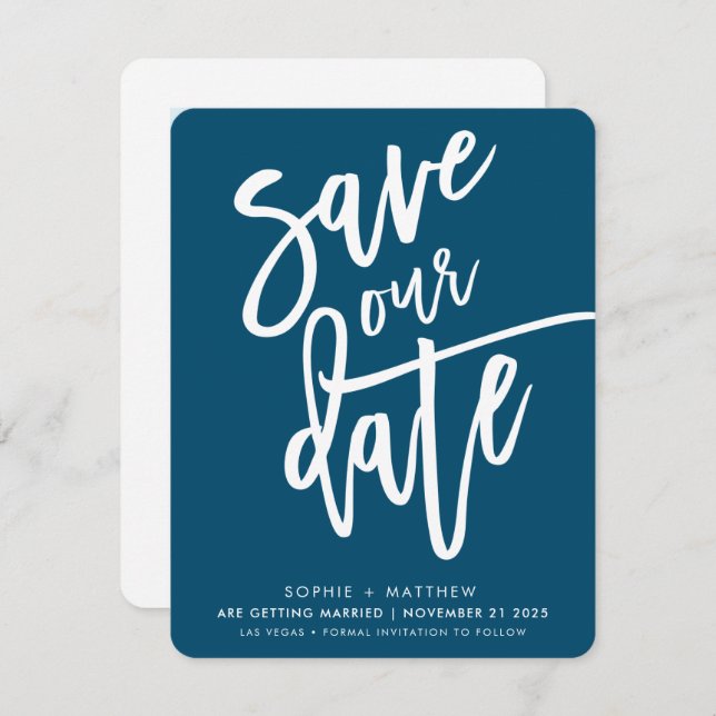 SAVE THE DATE handlettered script dark blue white Invitation (Front/Back)