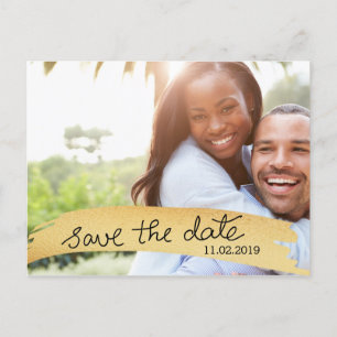 Save The Date Handwritten Faux Gold Foil Photo Announcement Postcard