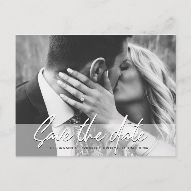 Save the Date Handwritten script Photo Engagement Postcard (Front)