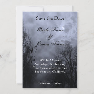 Save the Date Haunted Blue Misty Sky and Ravens Announcement