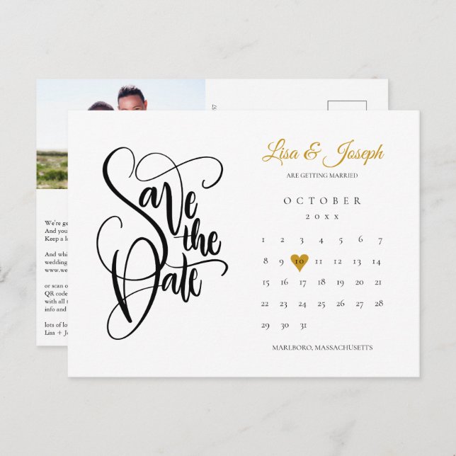 Save the Date Heart Calendar Photo QR Code Announcement Postcard (Front/Back)
