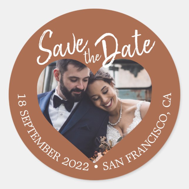 Save the Date Heart Photo TerraCotta Classic Round Sticker (Front)
