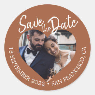 Save the Date Heart Photo TerraCotta Classic Round Sticker