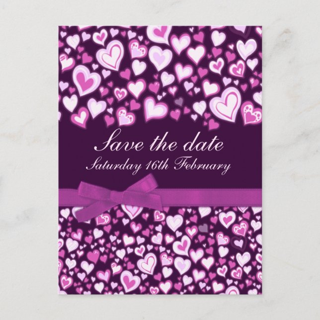 Save the date hearts & bows pink purple card (Front)