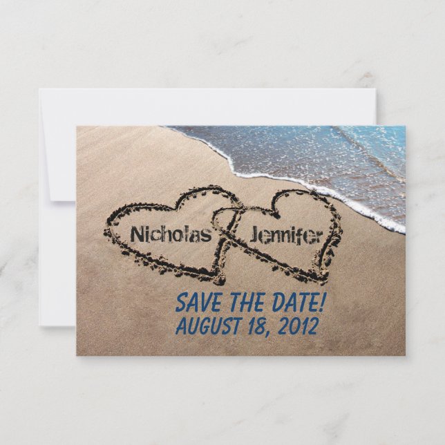 Save The Date Hearts Sand Beach Wedding Invitation (Front)