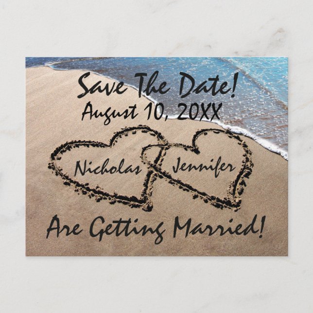 Save The Date Hearts Sand Beach Wedding Postcard (Front)